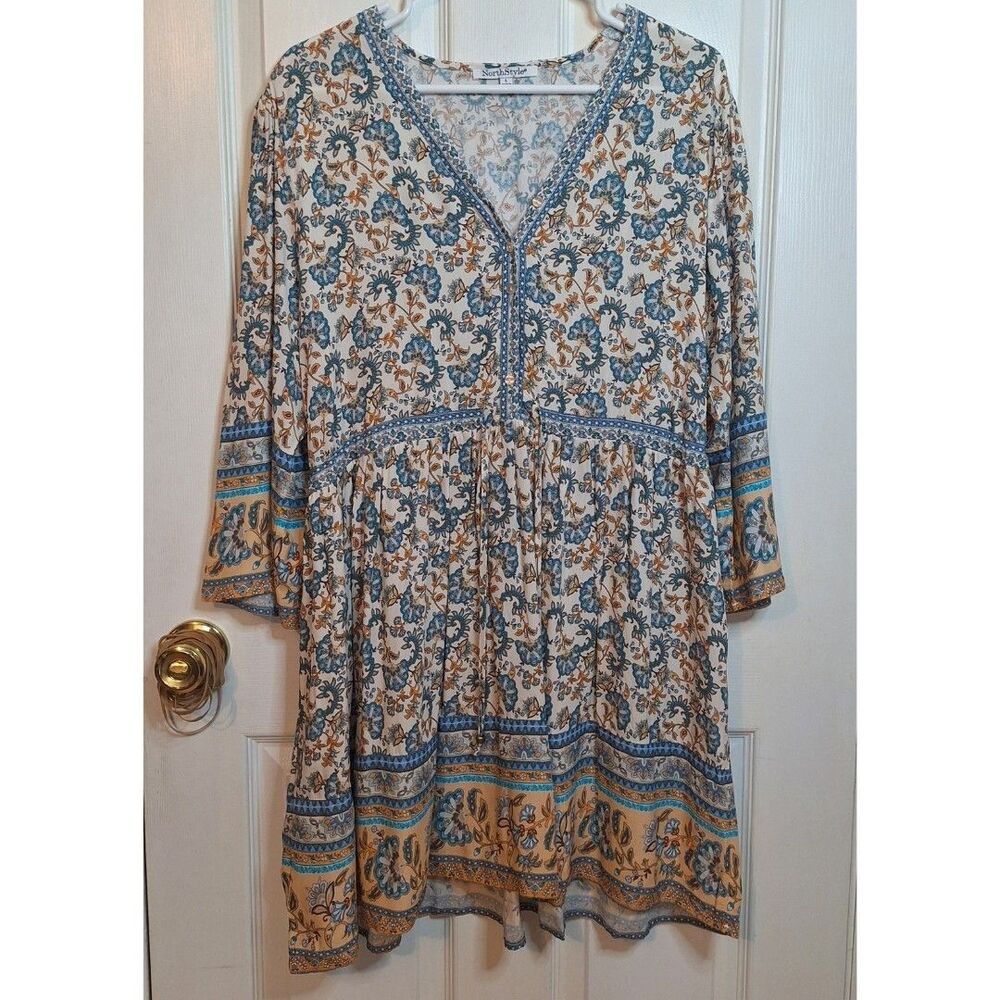NorthStyle Blue Yellow Paisley Tunic Mini Dress Bohemian Cottagecore Size L